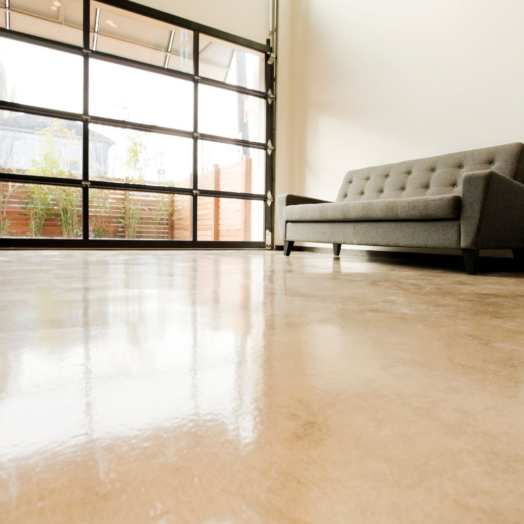 Sleek modern apartment interior showcasing a glossy epoxied floor.