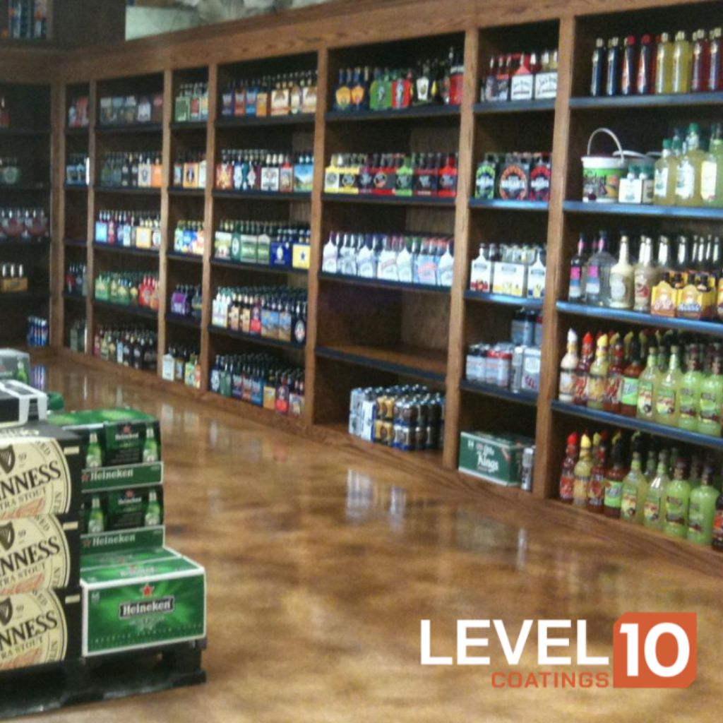 Warm brown epoxy flooring enhancing the ambiance of a Chicagoland liquor store.