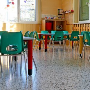 Colorful and safe epoxy flooring in an elementary school classroom.