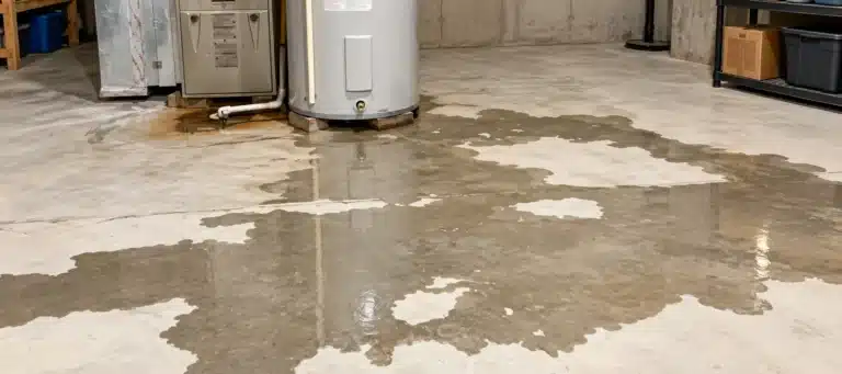Flooded basement floor with standing water near a water heater and HVAC system.